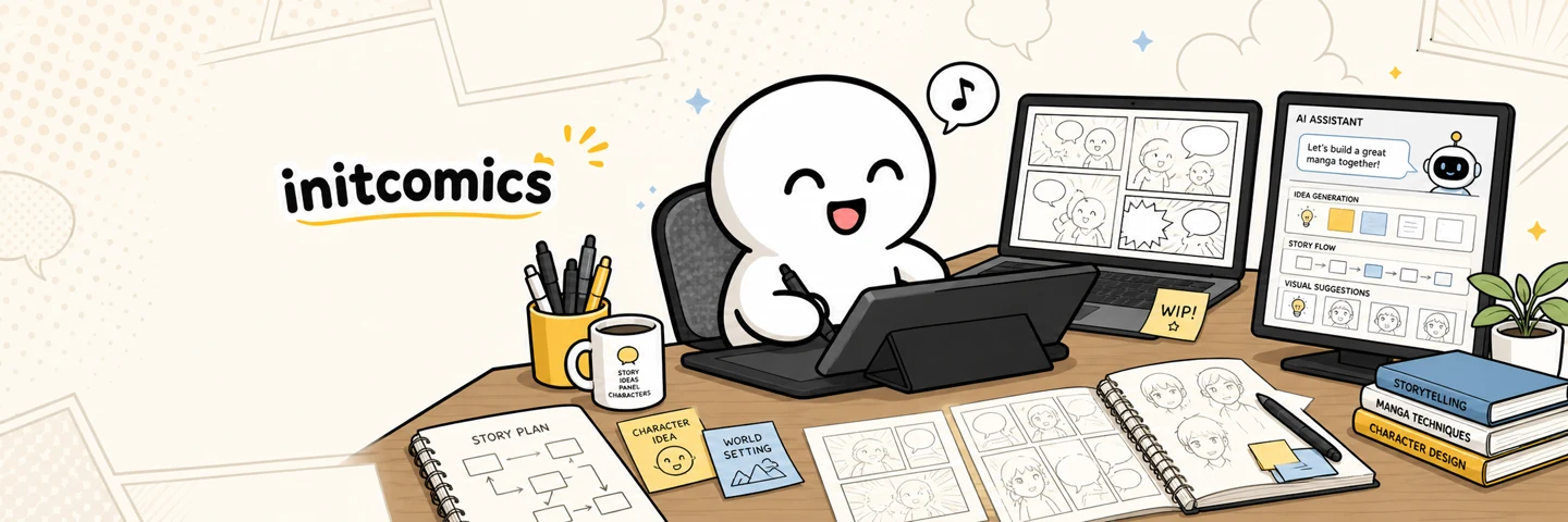 initcomicsのキャラクターが、机で漫画を制作しているイラスト