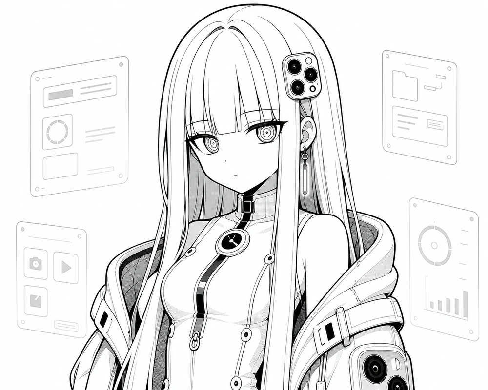 白い衣装と長い髪の最新鋭AIスマホちゃんのバストアップ