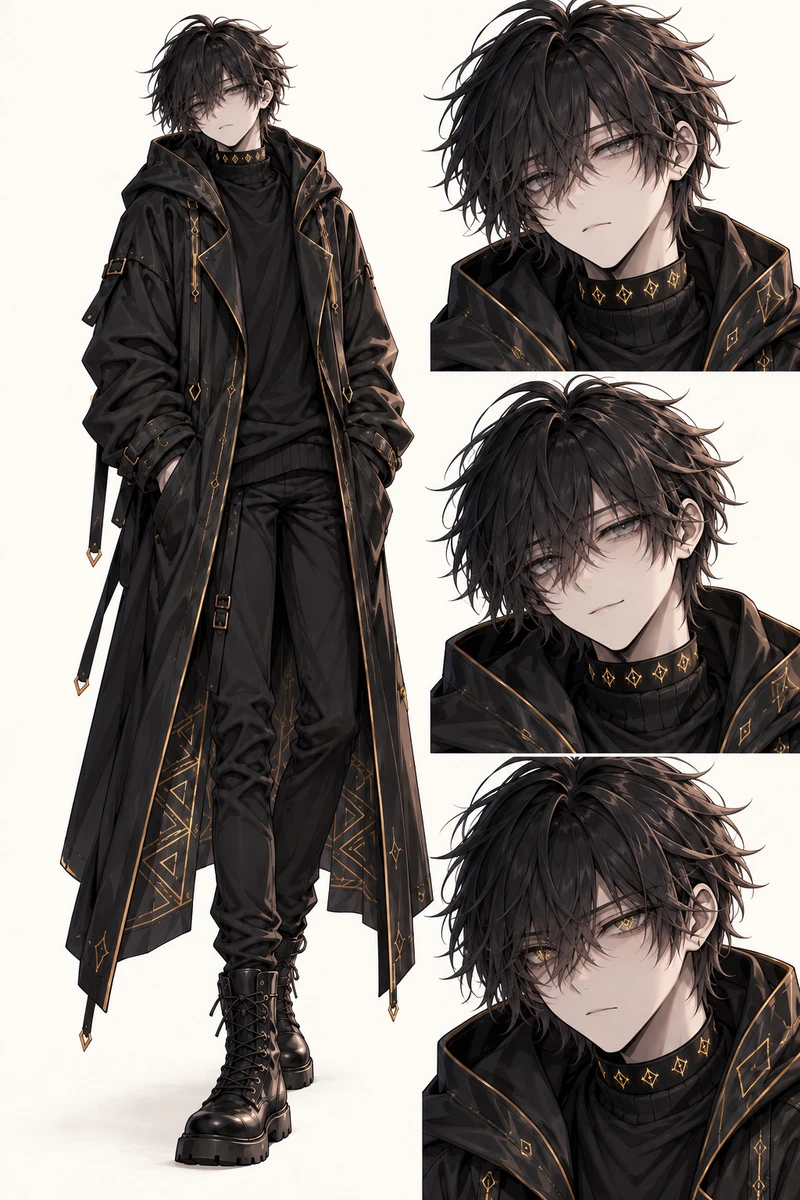 黒髪と黒いロングコート姿のシオン