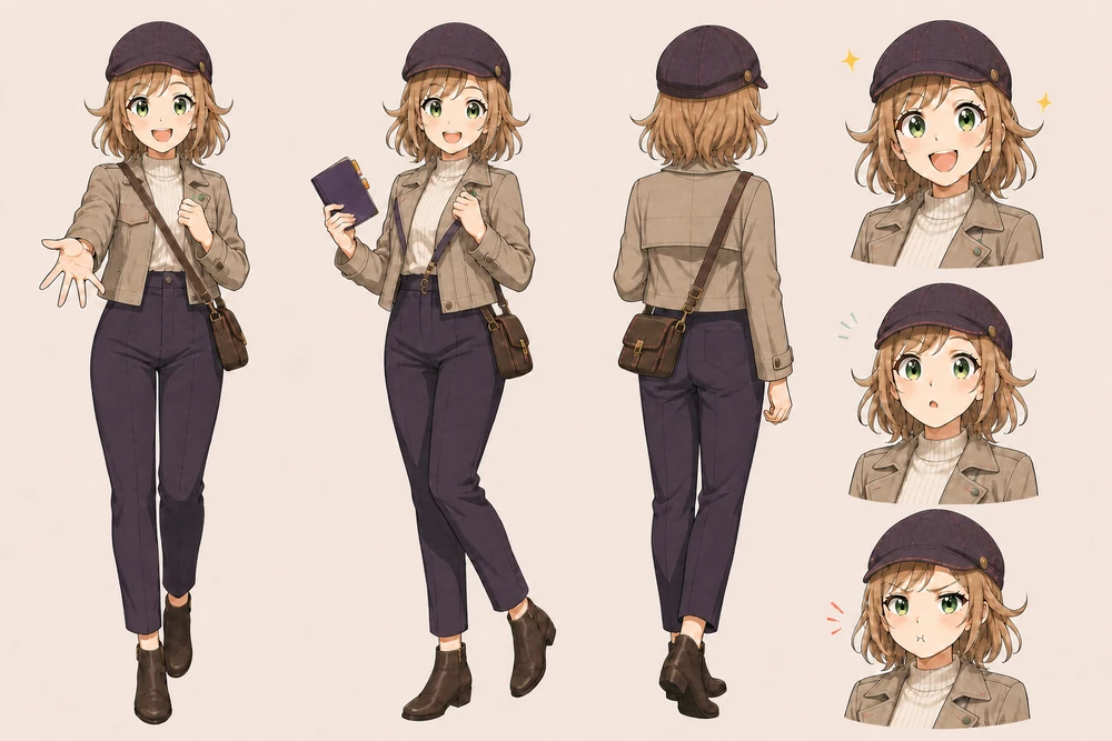帽子をかぶった小暮いとの全身と表情